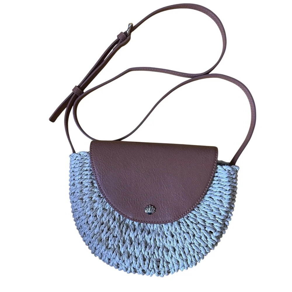 Straw Crossbody Bag Tan Faux Leather‎ Trim Shell Accent Summer Beach